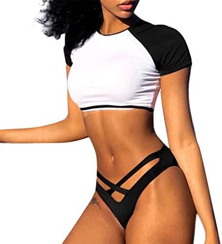 Women Swimwear, FAPIZI Ladies Short Sleeve Rash Guard Hollow Bikini Set Beachwear Wimsuit Swimwear Swimming Top UPF 50+