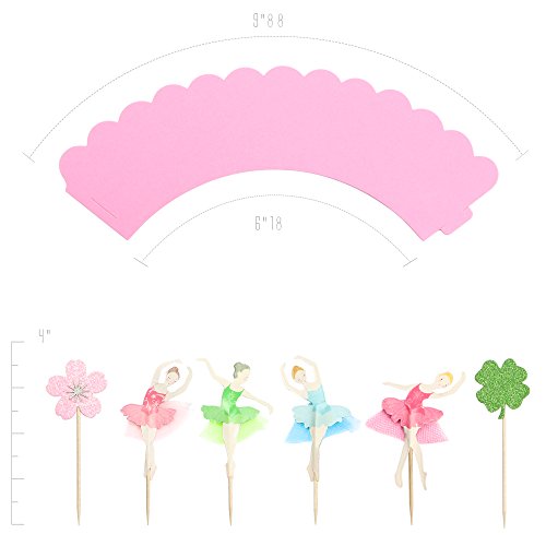 Luxcathy 24 Counts Ballet Girls Decorative Cupcake Toppers and Wrappers Pack - 4 Ballet Girls, 4 Pink Cherry Blossoms, 4 Clovers and 12 Wrappers
