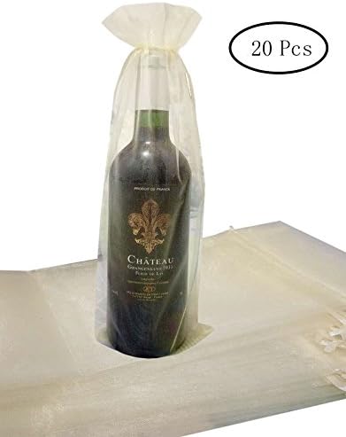 TBUY 20 Pack Wine Bottle Organza Bags with Drawstring Reusable Gift Bags for Decoration Party Favor and Wedding, Ivory