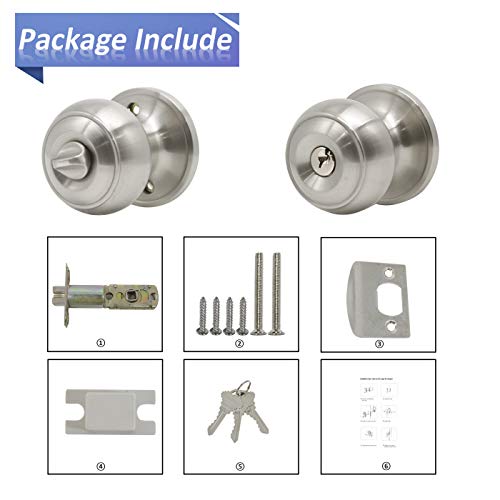 Brushed Nickel Keyed Entry Combo Door Knobs, Exterior Entry Door Handles Keyed Alike, Flat Ball Shape, Door Knobs Contractor Pack of 4