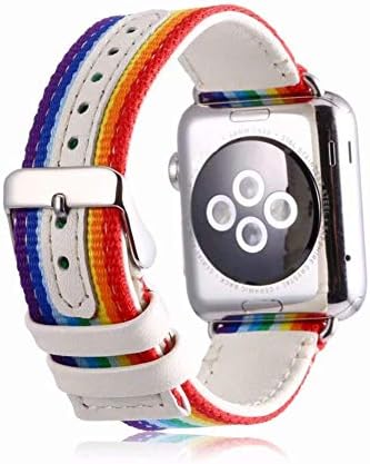 DAZE Nylon Bands Replacement for Apple Watch with Green and Red Striped and Embroidered Sport Bands for iWatch Series 4/3/2/1 (White-Rainbow 42/44)
