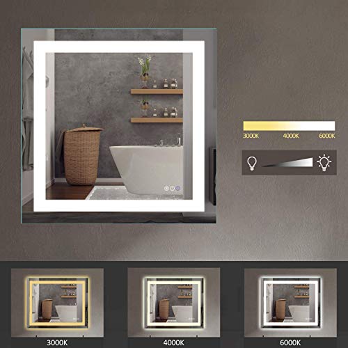 Amorho LED Bathroom Mirror 36"x 36" with Front and Backlight, Stepless Dimmable Wall Mirrors