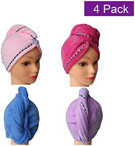 Ohequbao Absorbent Hair Drying Caps, Fast Dry Hair Towels Elastic Microfiber Bath Wraps for Girls and Women (4 Pack)