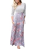 Murimia Women's Floral Print 3/4 Sleeve Empire Flower Pocketed Maxi Casual Dress With Belt