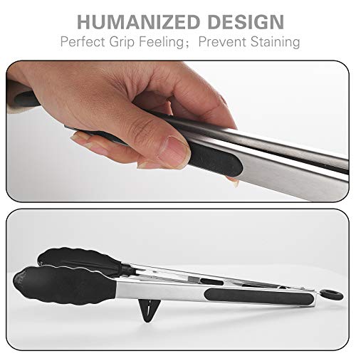 kenpiko Tongs for Cooking with Silicone Tips, 2 Pack Food-Grade Kitchen Tongs with Premium and Durable Stainless Steel, Silicone Tongs with Grill Brush and Cleaning Brush for Cooking, BBQ and Salad