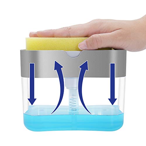 Aeakey Soap Pump Dispenser and Sponge Holder for Kitchen Sink Dish washing Soap dispenser 13 ounces (Silver)