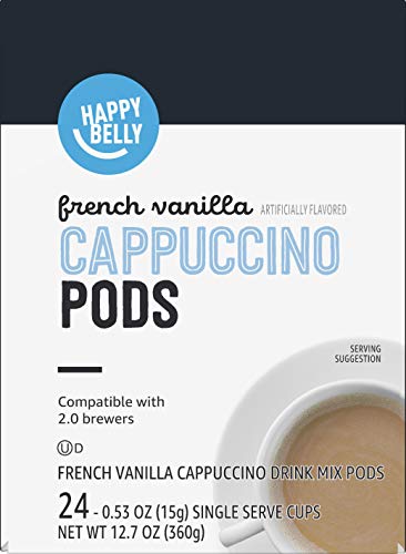 AMAZON BRAND – HAPPY BELLY CAPPUCCINO COFFEE PODS LIGHT ROAST COMPATIBLE WITH 2.0 K-CUP BREWERS, FRENCH VANILLA FLAVORED, 24 COUNT, 1.5 POUND (PACK OF 1)