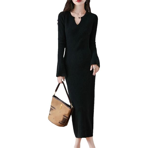 Women's Waist-Cinch Maxi Dress for Autumn and Winter, French Retro Knitted  Dress-Black-Small at Amazon Women's Clothing store