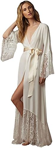 Linruo Lace-Trimmed Bridal Robe Sleeping Night Gown Long Sleeves Bathrobes for women with Sash (S)