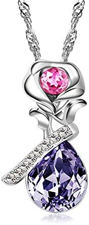 Womens Austrian Crystal Rose Pendant Necklace Water-drop Crystal Inlaid Alloy Valentine's Day Gift Jewelry
