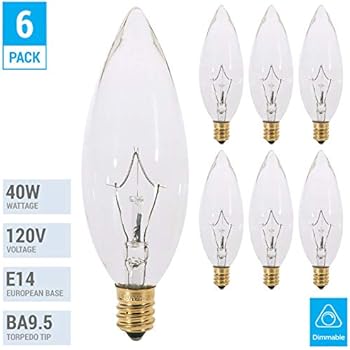 (Pack of 6) Clear European Base (E14) Torpedo Tip 120V Chandelier Bulbs (40 Watt - Straight Tip)