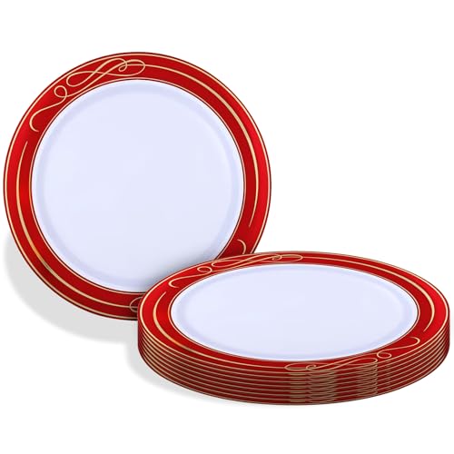Silver Spoons Bella Collection White with Red Rim Round Plastic Desset Plates -…