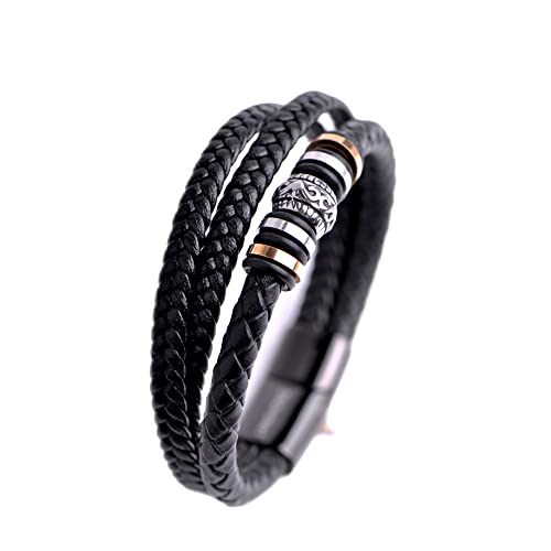 LANGHONG Genuine Leather Bracelet for Men, Braided Stainless Steel Closure Mens Bracelet, Gift for Men