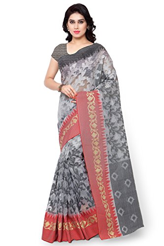 Janasya Women'S Red & Grey Chanderi Saree