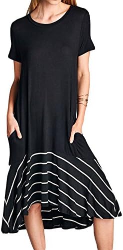 Ancapell Women's Casual Short Sleeve T Shirt Dress Loose Patchwork Midi Dress Pocket