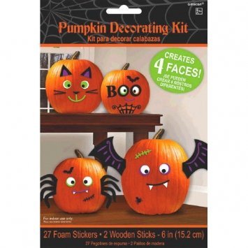Silly Faces Pumpkin Decorating Kit - Makes 4 Jack-o-lantern Faces (Includes 27 Foam Stickers & 2 Wooden Sticks) by Amscan