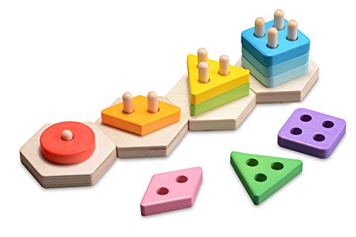 KAJA Wooden Geometric Shape Sorter Recognition Sorting Stacking Game Chunky Puzzle Toys Removable Educational Preschool for 1 2 3 4 5 Year Old Boys Kids Toddler Baby - Thumbnail 7