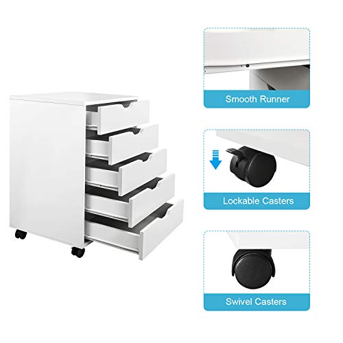DEVAISE 5Drawer Chest, Wood Storage Dresser with Wheels, White