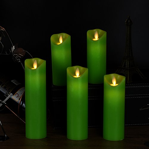 Vinkor Flameless Candles Flickering Battery Operated Candles 4" 5" 6" 7" 8" Set of 5 Classic Real Wax Pillar With Moving LED Flame & 10-key Remote Control 2/4/6/8 Hours Timer 400+ Hours(Green)
