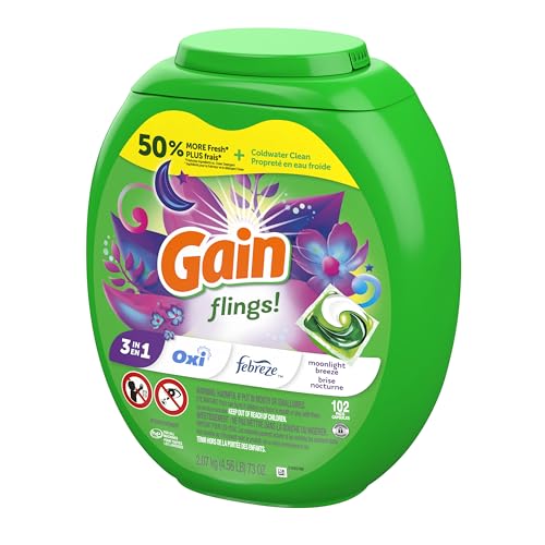 GAIN FLINGS LAUNDRY DETERGENT PACS, 102 COUNT, MOONLIGHT BREEZE SCENT, 3 IN 1 HE DETERGENT PACS WITH OXI BOOST AND FEBREEZE