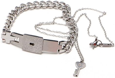 Wivily Couple Titanium Steel Lock Bangle Bracelet & Key Pendant Necklace Love Sets Gift