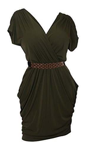 eVogues Plus Size Deep V-Neck Wrap Bodice Dress Dark Olive Green - 3X