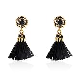 DZT1968 Women Girl Vintage hollow Crystal Tassel Dangle Stud Earrings Jewelry (Black)