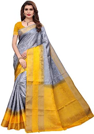 Traditional Women's Kanjivaram Tussar Silk Style Saree with Blouse Piece Sari Dress Grey-Lotus 3D Grey Yellow