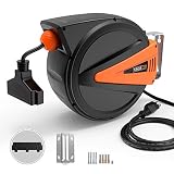 Extension Cord Reel, TACKLIFE 50+4.5FT Cord Reel, 14AWG, 3C SJTOW, 180°Swivel Ceiling or Mounting Metal Slotted Base, Tri Tap Connector, Reset Button and Adjustable Stopper, GCR2A