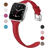 Maledan for Fitbit Versa Bands Women Men, Slim Genuine Leather Strap Accessories for Fitbit Versa Fitness Smart Watch, Small, Red