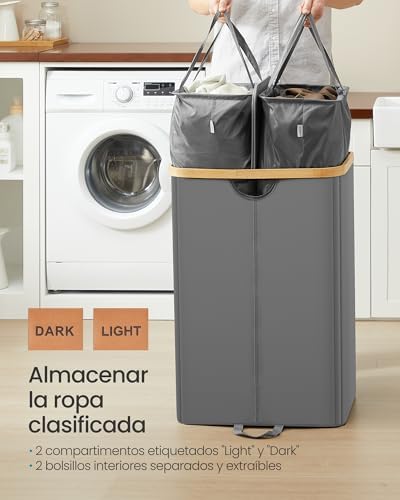 Cesto Ropa Sucia de 2 Compartimentos, Cesta de Colada, 150 L, Clasificador con Tapa, Bolsas de Ropa Extraíbles, para Lavadero, Dormitorio, Salón, Gris Pizarra y Beige Natural LCB523G01
