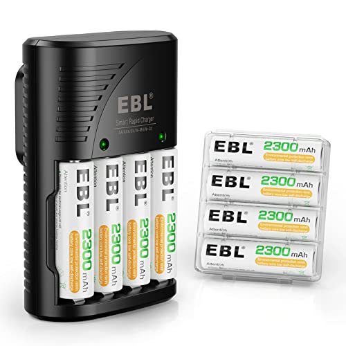 EBL Rechargeable AA Batteries (8 Pack) with Charger, Built-in Foldable Wall Plug, Automatic Power-Off Smart Battery Charger for AA AAA (NiMH) 9V Batteries