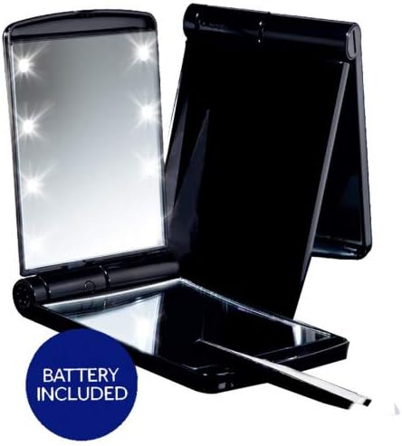 * Sale * Deluxe LED Compact Makeup Mirror Black True Mirror and 5x Magnification Includes Battery and Tweezers Perfect for Travel and Purses Folds Back for Vanity Style