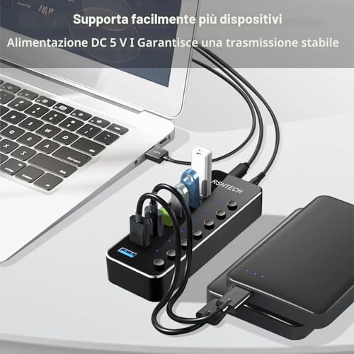 RSHTECH USB 3.0 Hub Powered with 10W Power Supply USB 3.0 Hub 7 Ports Aluminium Distributor USB 3.0 Port with 5V/2A Power Adapter and Individual On/Off Switch (RSH-518)