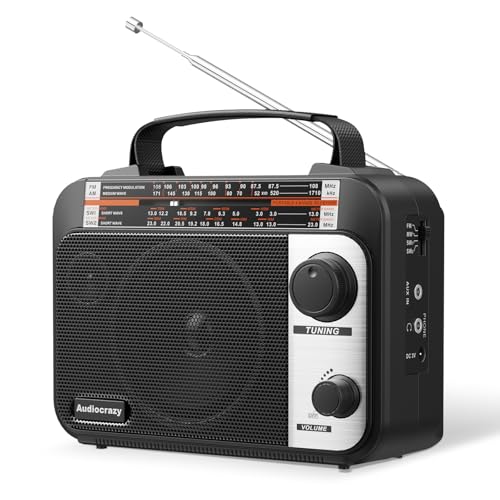 Audiocrazy Portable Radio AM/FM/SW1-2 Multiband Radio with Rechargeable Battery 1800 mAh, AC Cable or Portable FM Radio, Fleece, Speakers, Headphone Jack, AUX Input Black