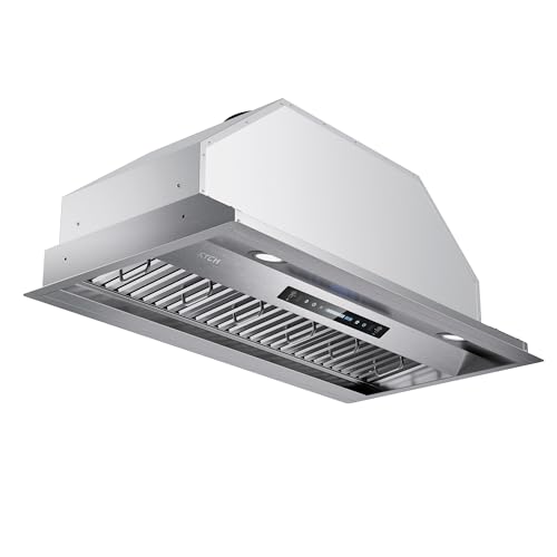 IKTCH 42 inch Built-in/Insert Range Hood 900 CFM, Ducted/Ductless Convertible Duct, Stainless Steel Kitchen Vent Hood with 2 Pcs Adjustable Lights and 3 Pcs Baffle Filters with Handlebar(IKB02-42'')