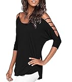 Mooncolour Womens 3/4 Sleeve Hollow Out Casual Loose Solid Blouse Tops,US Large,Black