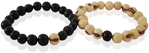 Couples His and Hers Distance Bracelets | Handmade Organic Fair Trade Jewelry | All-Natural Acai Seeds | Elastic Stretch Bracelet for Lovers Friends Sisters (Black and White)