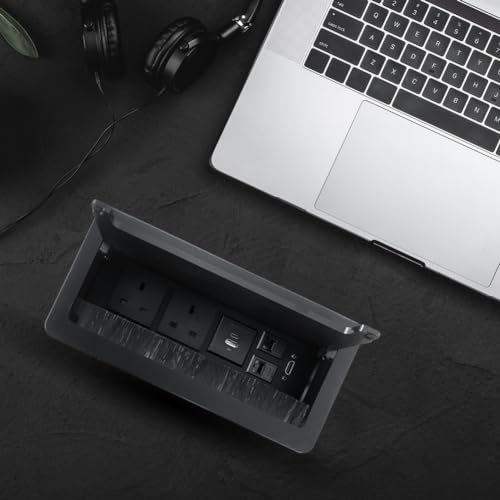 ZESHAN Table Power Socket Connectivity Box with UK Plug, USB C, HDMI, RJ45 Cat6, Fully Enclosed Bottom Box,1.8M Extension Cord, Black