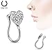 17GA Heart with Gems Clip On Fake Non No Piercing Nose Ring (Silver Tone)