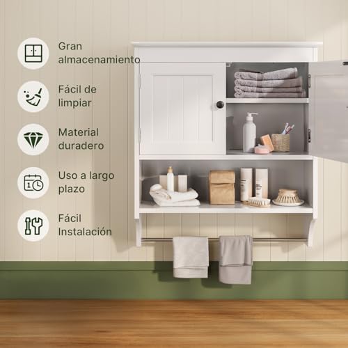 FL FASHION LEADER Armario de baño montado en la Pared con Puertas, Armario Colgante de Madera con Puertas y estantes sobre el Inodoro, gabinete de Pared de baño Blanco