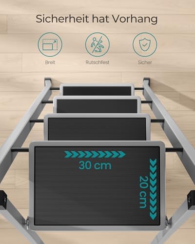 Trittleiter, Leiter mit 4 Stufen, Klapptritt, Klappsicherung, einfach zu verstauen, bis 150 kg belastbar, Taubengrau GSL004G01
