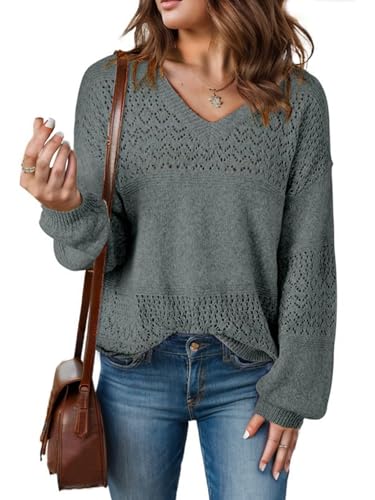 XINWEIZZ SWEATERS FOR WOMEN 2024 CASUAL LONG SLEEVE V NECK SHIRTS LIGHT WEIGHT FALL CROCHET TOPS PULLOVER SWEATERS DARK GREY