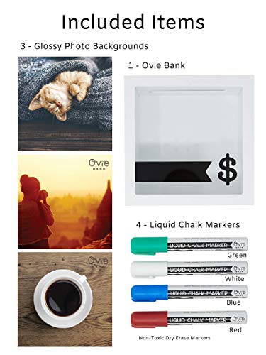 OVIE Adult Piggy Bank $ - Shadow Box with Wood Frame - Keep in Kitchen to Track Vacation/Honeymoon/Wedding/Adventure Funds - 6X6 Frames - Clear Glass/Picture Background/Colored Markers