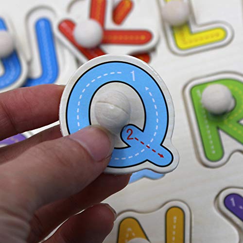 Kids Toddler Puzzles Wooden Peg Puzzles - 3 Piece Puzzle Set - Alphabet, Numbers and Shapes Toy - Perfect pegged Puzzles for Kid Learning Letters, Number, Shape Board Puzzles for Toddler Ages 3+