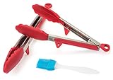 Best Premium SAHE Quality Silicone Stainless Steel Kitchen Tong Tongs With Built In Stand (9 And 12 Inch) Set Safe And Sturdy Plus Bonus Brush Use For Serving Salad As A Turner Of Appetizers BBQ (Red)