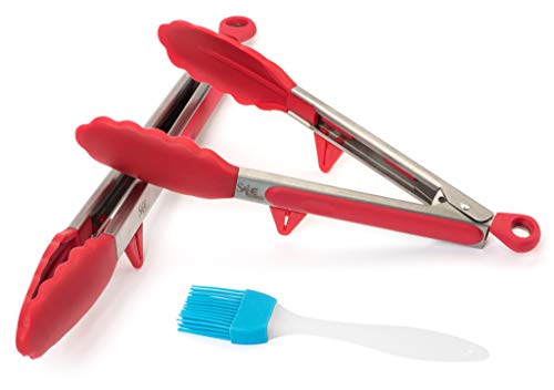 Best Premium SAHE Quality Silicone Stainless Steel Kitchen Tong Tongs With Built In Stand (9 And 12 Inch) Set Safe And Sturdy Plus Bonus Brush Use For Serving Salad As A Turner Of Appetizers BBQ (Red)