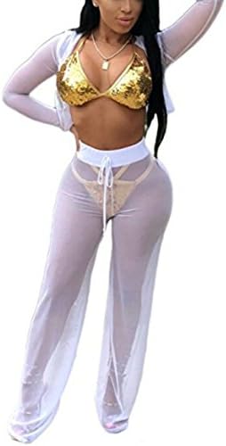 Womens See Though Sheer Mesh Hoodies Crop Top Pants Set 2 Piece Outfits (M=US 4-6, White)