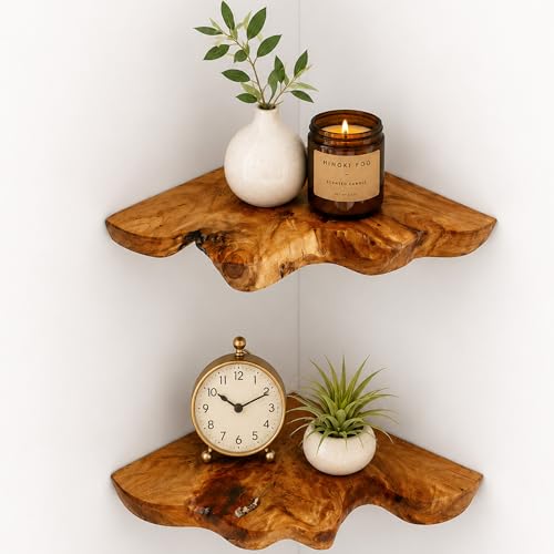 Floating Corner Shelf Set of 2, Handcrafted Live Edge Corner Wall Shelves,