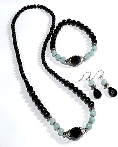 Handmade Black Onyx, Aqua Dyed Snow Quartz and Black Tourmaline Stretch Healing Necklace 17 inches, Bracelet Wrist Size 6 to 7 and Earrings Set